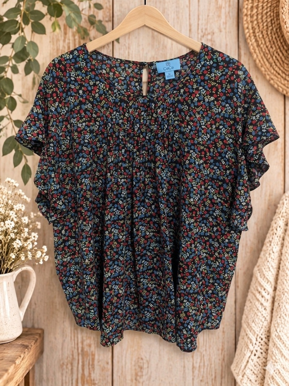 CeCe Black Floral Boho Flutter Sleeve Blouse - Size XL